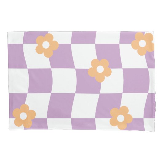 Girly Paarse Witte Checkerboard Bloemenpatroon Kussensloop (Voorkant-Links)
