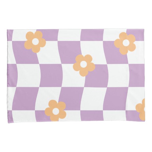 Girly Paarse Witte Checkerboard Bloemenpatroon Kussensloop (Voorkant-Rechts)
