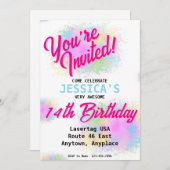 Girly Paint Splatter Verjaardagsfeestje Uitnodigin Kaart (Voorkant / Achterkant)