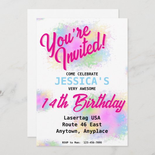 Girly Paint Splatter Verjaardagsfeestje Uitnodigin Kaart (Voorkant / Achterkant)