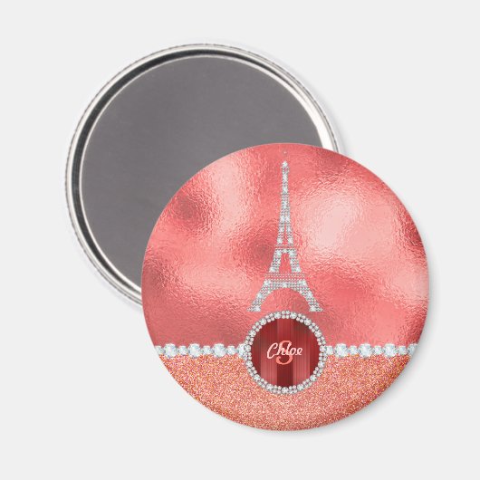 Girly Paris Diamond Eiffel Tower Roos Gold Magneet (Voorkant / Achterkant)