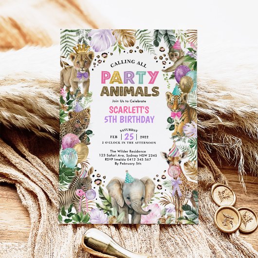Girly Party Animals Wild Oerwoud Safari Birthday Kaart