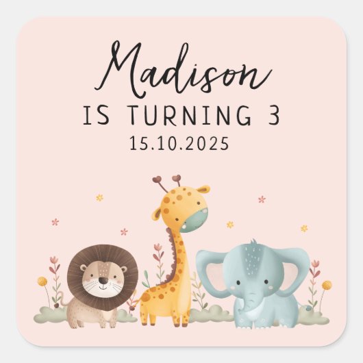 Girly Party Wild Animals Verjaardag Vierkante Sticker (Voorkant)