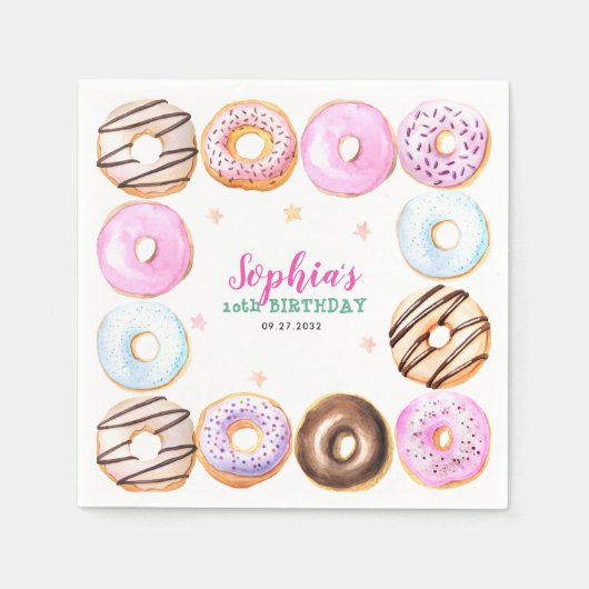 Girly Pastel Donuts Waterverf Verjaardagsfeest Servet (Voorkant)