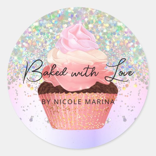 Girly Pastel Faux Holographic Cupcake Bakery Ronde Sticker (Voorkant)