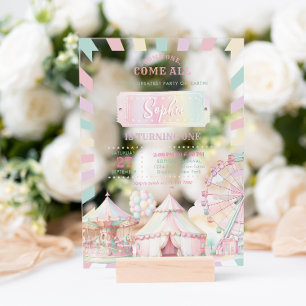 Girly Pastel Kleur Carnaval Circus Kinderen Verjaa Acryl Uitnodigingen