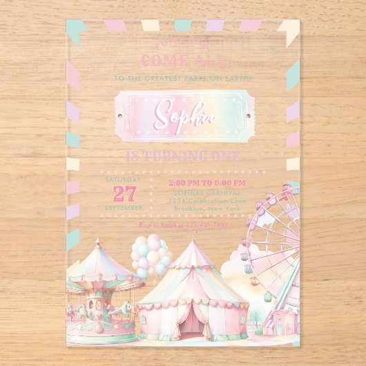Girly Pastel Kleur Carnaval Circus Kinderen Verjaa Acryl Uitnodigingen (Voorkant)