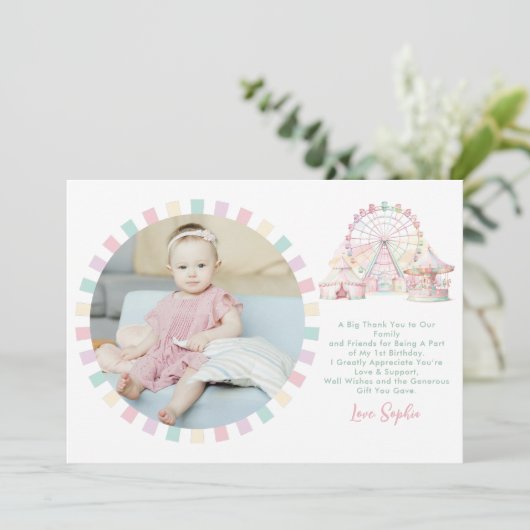 Girly Pastel Kleur Carnaval Circus Verjaardag Foto Bedankkaart (Staand voorkant)