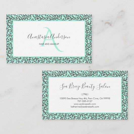 Girly Pastel Mint Green Fun Leopard Spots Monogram Visitekaartje (Voorkant / Achterkant)