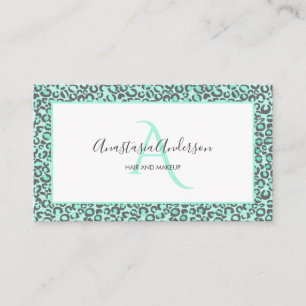 Girly Pastel Mint Green Fun Leopard Spots Monogram Visitekaartje