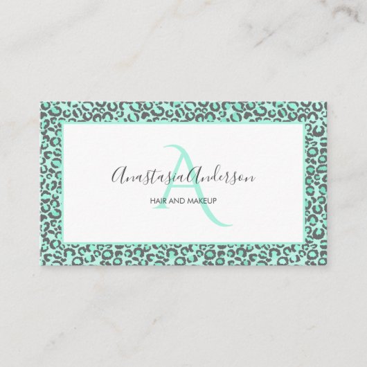 Girly Pastel Mint Green Fun Leopard Spots Monogram Visitekaartje (Voorkant)