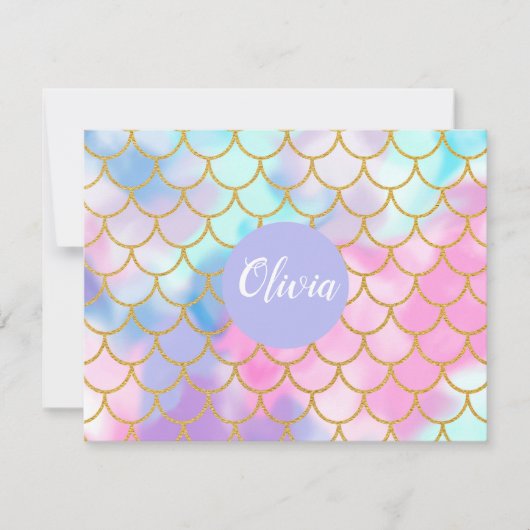 Girly Pastel Ombre Gold Glitter Mermaid Monogram Notitiekaartje (Voorkant)