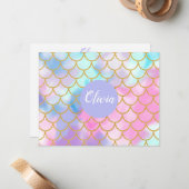 Girly Pastel Ombre Gold Glitter Mermaid Monogram Notitiekaartje (Voorkant / Achterkant in situ)