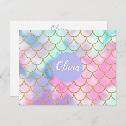 Girly Pastel Ombre Gold Glitter Mermaid Monogram Notitiekaartje (Voorkant / Achterkant)
