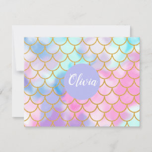 Girly Pastel Ombre Gold Glitter Mermaid Monogram Notitiekaartje