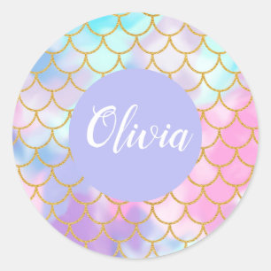 Girly Pastel Ombre Gold Glitter Mermaid Monogram Ronde Sticker