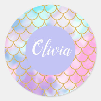 Girly Pastel Ombre Gold Glitter Mermaid Monogram Ronde Sticker