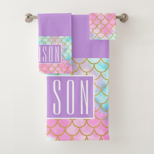 Girly Pastel Ombre Gold Glitter Mermaid Name Bad Handdoek (Insitu)