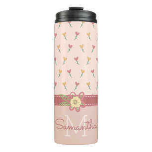 Girly Pastel Peach Heart Flower Pattern & Monogram Thermosbeker
