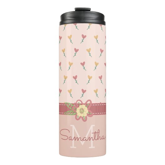 Girly Pastel Peach Heart Flower Pattern & Monogram Thermosbeker (Voorkant)