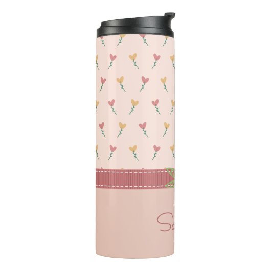 Girly Pastel Peach Heart Flower Pattern & Monogram Thermosbeker (Gedraaid links)