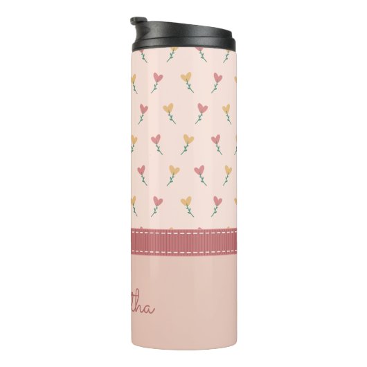 Girly Pastel Peach Heart Flower Pattern & Monogram Thermosbeker (Geroteerd rechts)