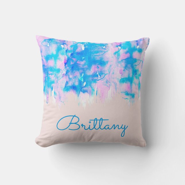 Girly Pastel Pink Blue Waterverf Monogram Kussen (Voorkant)