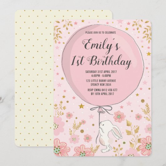 Girly Pastel Pink Bunny Rabbit Birthday Party Kaart (Voorkant / Achterkant)