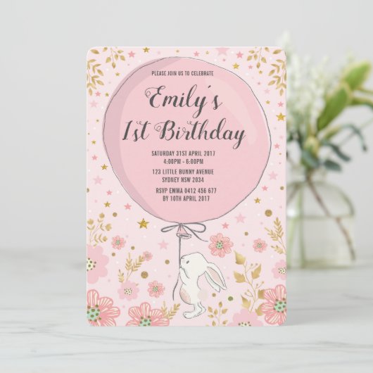 Girly Pastel Pink Bunny Rabbit Birthday Party Kaart (Staand voorkant)
