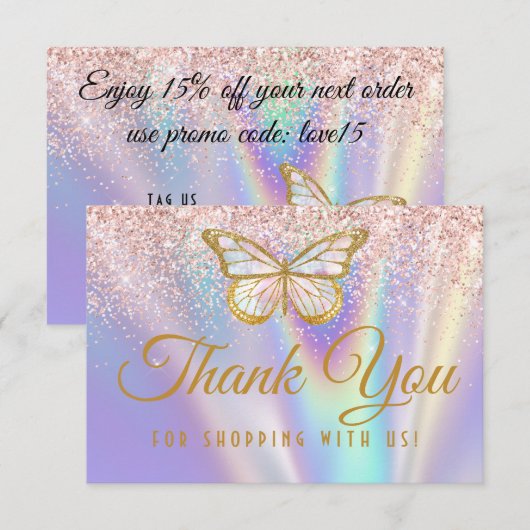 Girly Pastel Pink Lila Butterfly Glitter Sprinkle Bedankkaart (Voorkant / Achterkant)