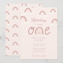  Girly Pastel Pink Rainbow Clouds First Birthday Kaart