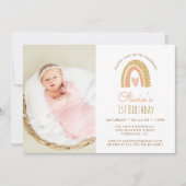 Girly Pastel Rainbow 1st Birthday Fotouitnodiging Kaart (Voorkant)