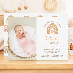 Girly Pastel Rainbow 1st Birthday Fotouitnodiging Kaart