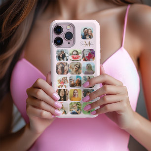 Girly Pastel Roze 16 Foto Collage & Monogram iPhone 16 Pro Max Hoesje