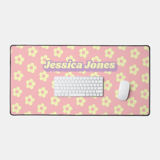 Girly Pastel Roze Geel Schattige Daisy Groovy Naam Bureaumat (Keyboard & Muis)