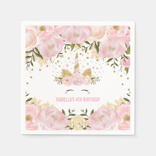 Girly Pastel Roze Goud Bloemen Verjaardagsfeest Servet (Voorkant)