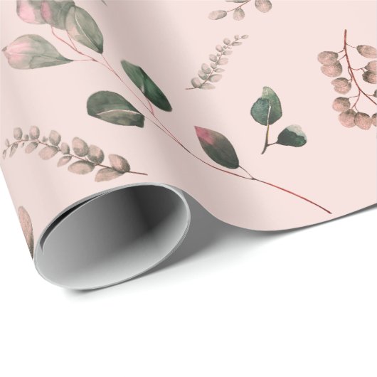 Girly Pastel Roze & Groen Eucalyptus Waterverf Cadeaupapier (Rol Hoek)