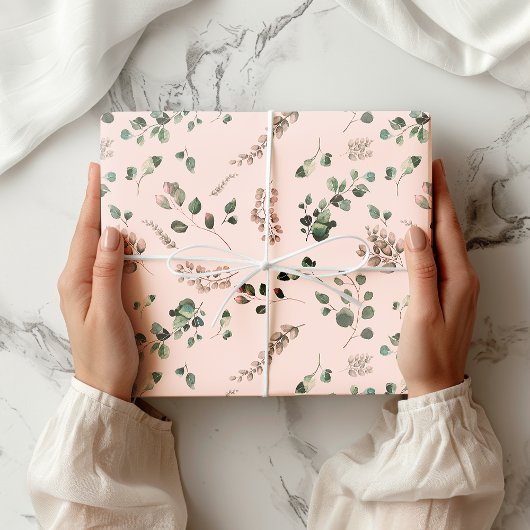 Girly Pastel Roze & Groen Eucalyptus Waterverf Cadeaupapier