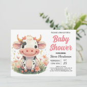 Girly Pastel Schattigee Koe Baby shower Kaart (Staand voorkant)