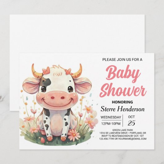 Girly Pastel Schattigee Koe Baby shower Kaart (Voorkant / Achterkant)