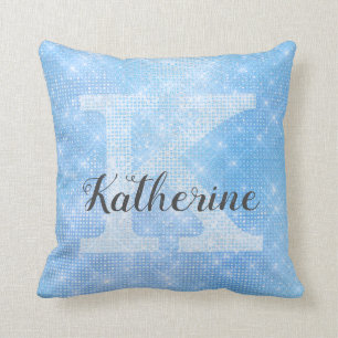 Girly Pastel Sky Blue Azure Sparkle Monogram Name Kussen