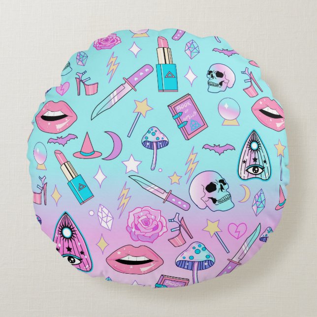 Girly Pastel Witch Gothic Pattern Rond Kussen (Voorkant)