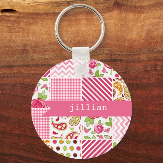 Girly Patchwork persoonlijke Sleutelhanger (Voorkant)
