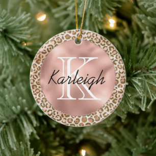 Girly Peach Brown Leopard Print Monogram Keramisch Ornament