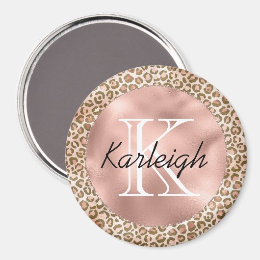 Girly Peach Brown Leopard Print Monogram Magneet (Voorkant / Achterkant)
