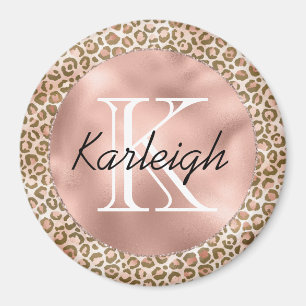 Girly Peach Brown Leopard Print Monogram Magneet