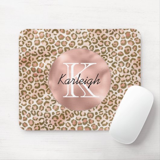 Girly Peach Brown Leopard Print Monogram Muismat (Met muis)