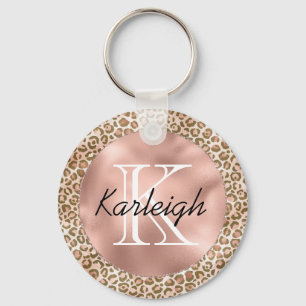 Girly Peach Brown Leopard Print Monogram Sleutelhanger