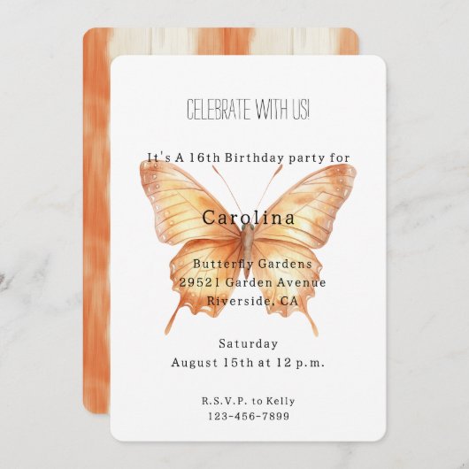 Girly Peach Butterfly Birthday Kaart (Voorkant / Achterkant)