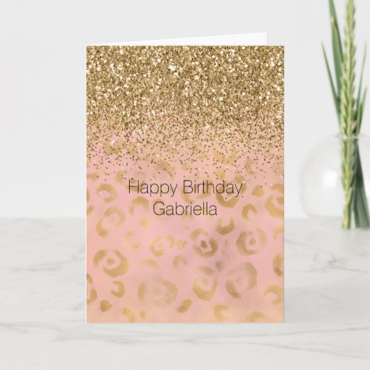 Girly Peach Gold Leopard Glitter Kaart (Voorkant)